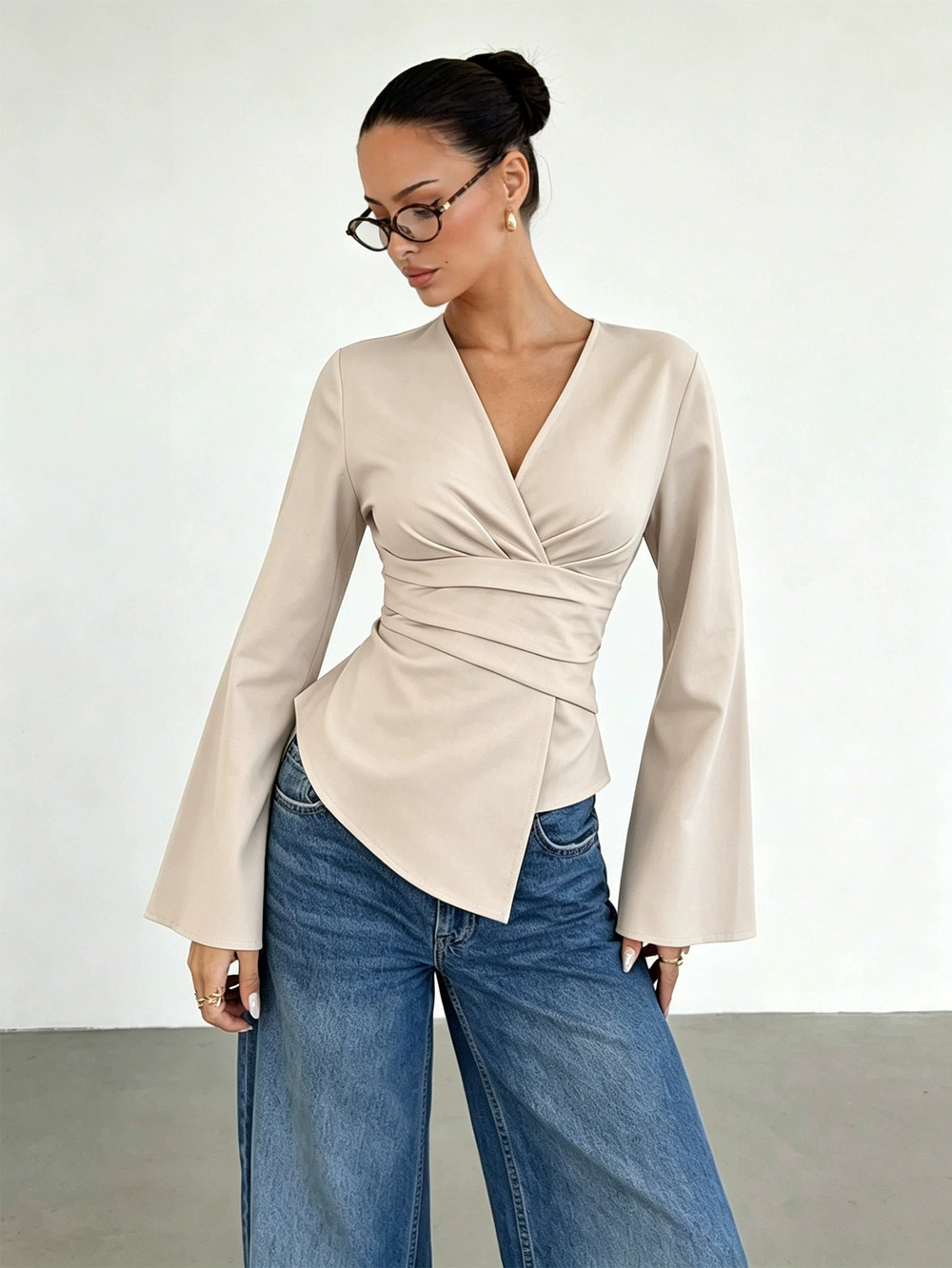 ZARA Chic Womens Cross Neck Waist Cinching Long Bell Sleeve Asymmetric Hem Top